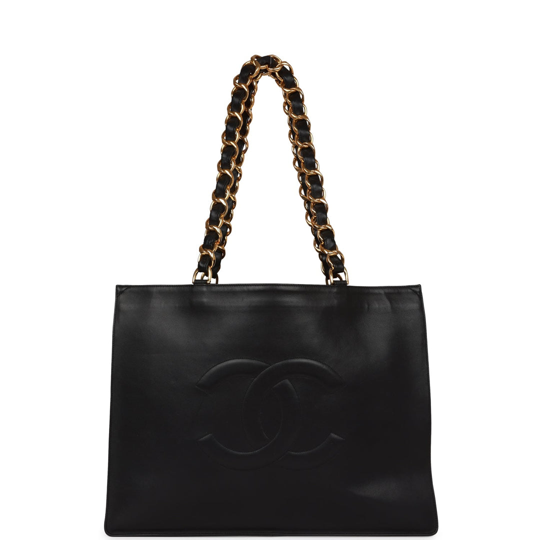 Vintage Top Quality Chanel CC Chain Shopping Tote Bag Black Lambskin Gold Hardware