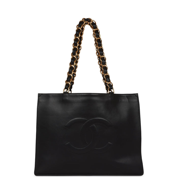 Vintage Top Quality Chanel CC Chain Shopping Tote Bag Black Lambskin Gold Hardware