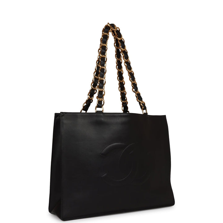 Vintage Top Quality Chanel CC Chain Shopping Tote Bag Black Lambskin Gold Hardware
