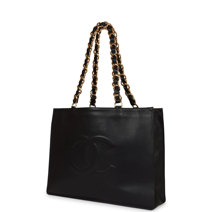 Vintage Top Quality Chanel CC Chain Shopping Tote Bag Black Lambskin Gold Hardware