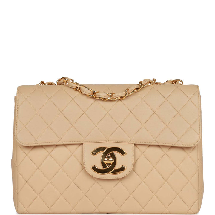 Vintage Top Quality Chanel XL Jumbo Flap Bag Beige Lambskin Gold Hardware