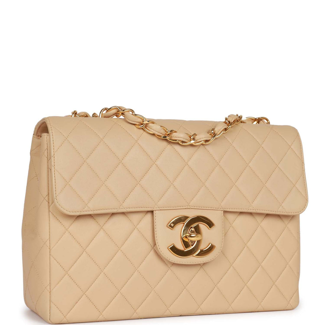 Vintage Top Quality Chanel XL Jumbo Flap Bag Beige Lambskin Gold Hardware