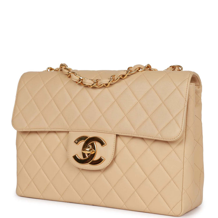 Vintage Top Quality Chanel XL Jumbo Flap Bag Beige Lambskin Gold Hardware