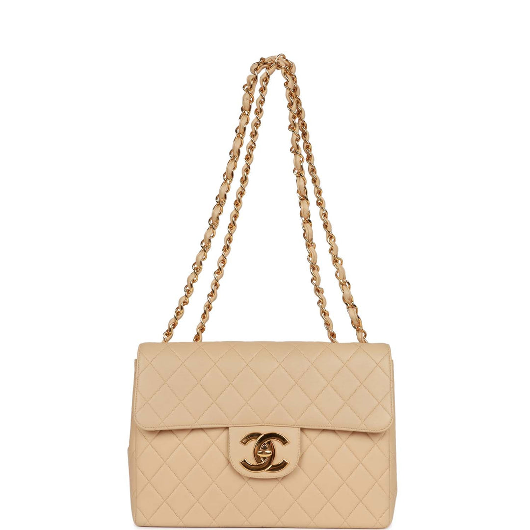 Vintage Top Quality Chanel XL Jumbo Flap Bag Beige Lambskin Gold Hardware