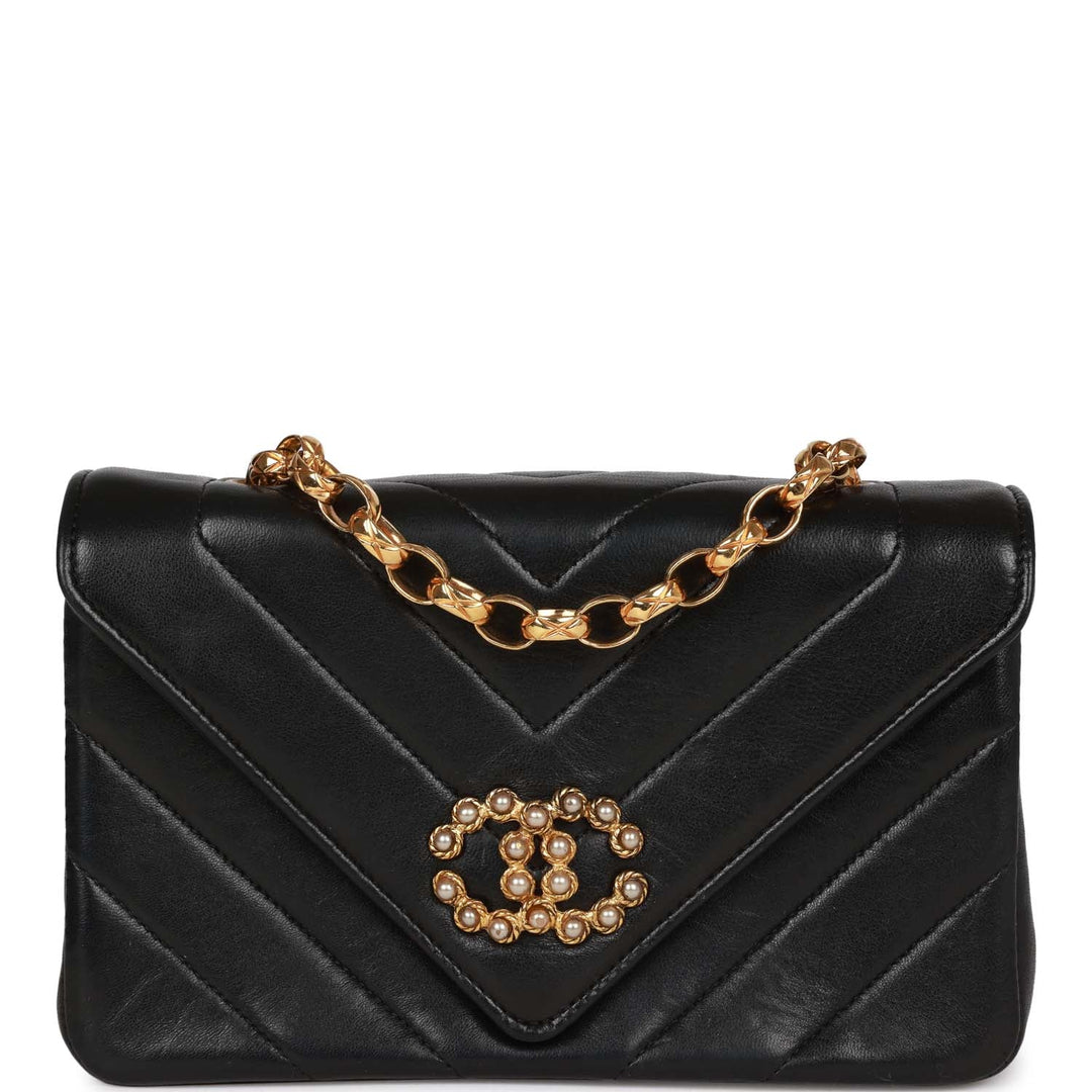 Vintage Top Quality Chanel Faux Pearl Coco Bijou Mini Flap Bag Black Lambskin Gold Hardware