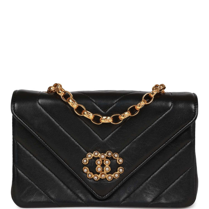 Vintage Top Quality Chanel Faux Pearl Coco Bijou Mini Flap Bag Black Lambskin Gold Hardware