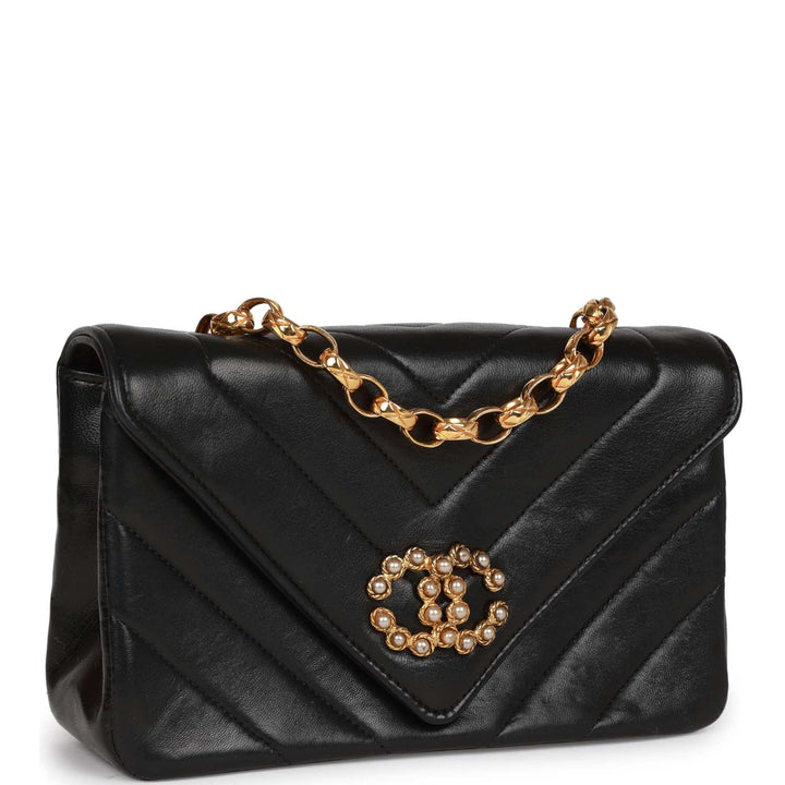 Vintage Top Quality Chanel Faux Pearl Coco Bijou Mini Flap Bag Black Lambskin Gold Hardware