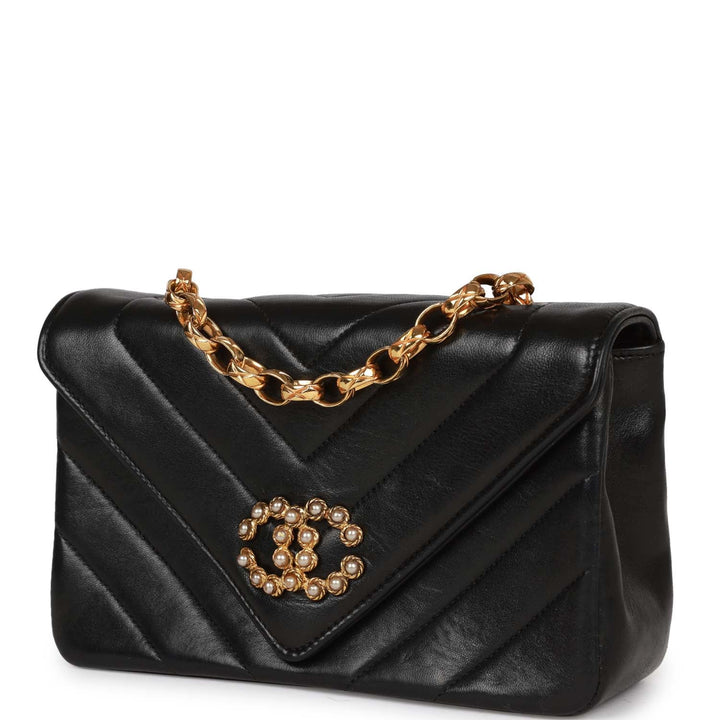 Vintage Top Quality Chanel Faux Pearl Coco Bijou Mini Flap Bag Black Lambskin Gold Hardware