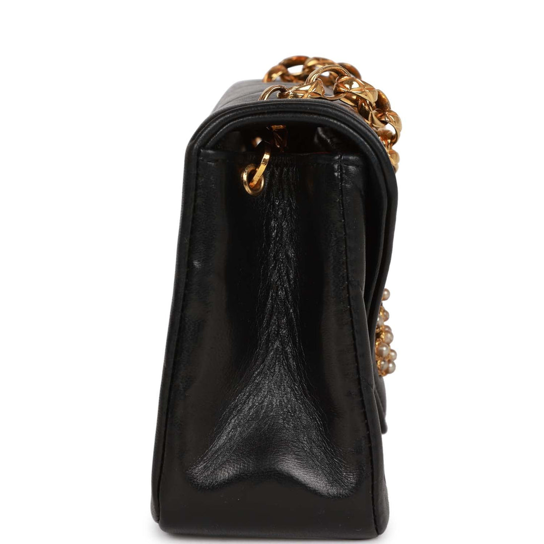 Vintage Top Quality Chanel Faux Pearl Coco Bijou Mini Flap Bag Black Lambskin Gold Hardware