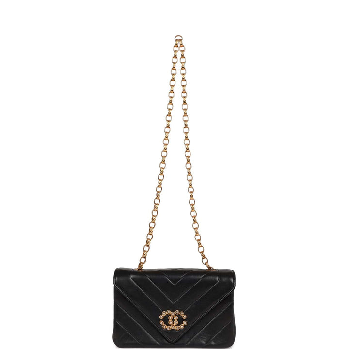 Vintage Top Quality Chanel Faux Pearl Coco Bijou Mini Flap Bag Black Lambskin Gold Hardware