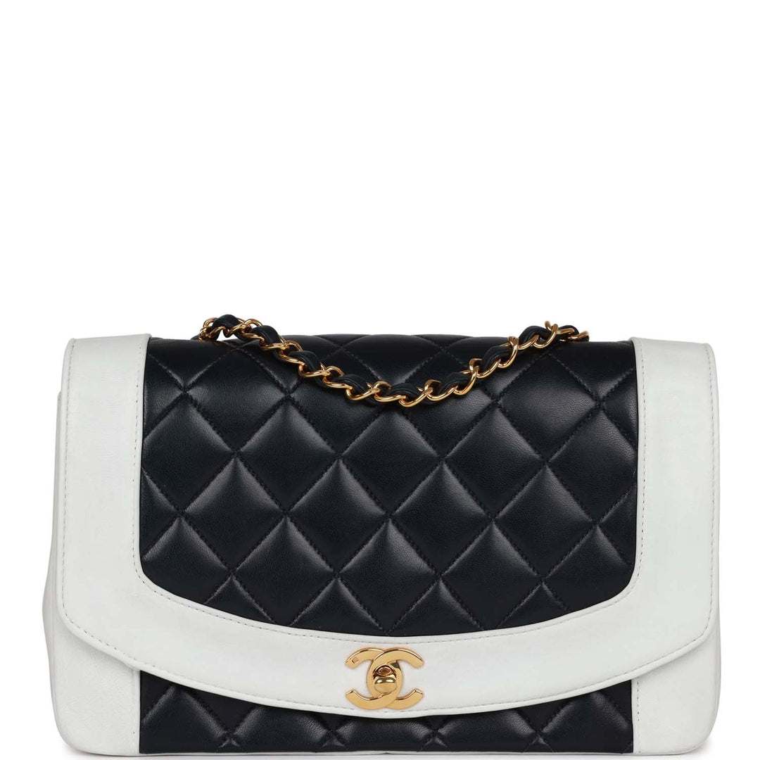 Vintage Top Quality Chanel Small Diana Flap Bag White and Navy Lambskin Gold Hardware