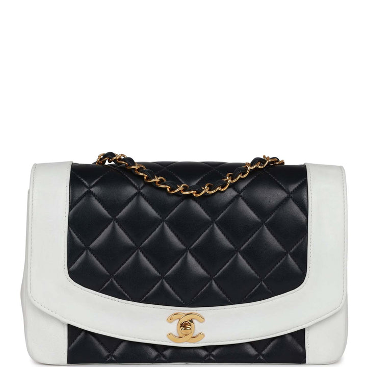 Vintage Top Quality Chanel Small Diana Flap Bag White and Navy Lambskin Gold Hardware