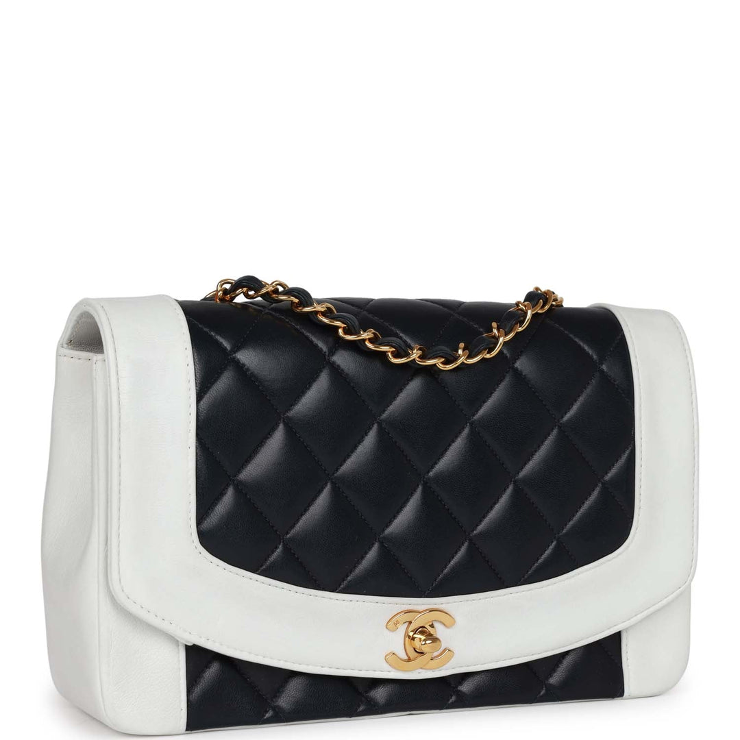 Vintage Top Quality Chanel Small Diana Flap Bag White and Navy Lambskin Gold Hardware