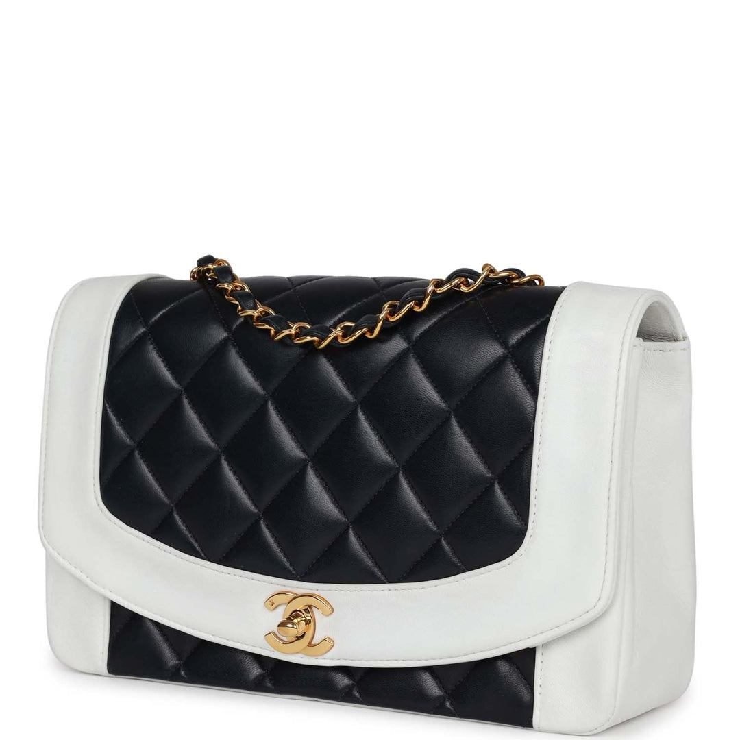 Vintage Top Quality Chanel Small Diana Flap Bag White and Navy Lambskin Gold Hardware