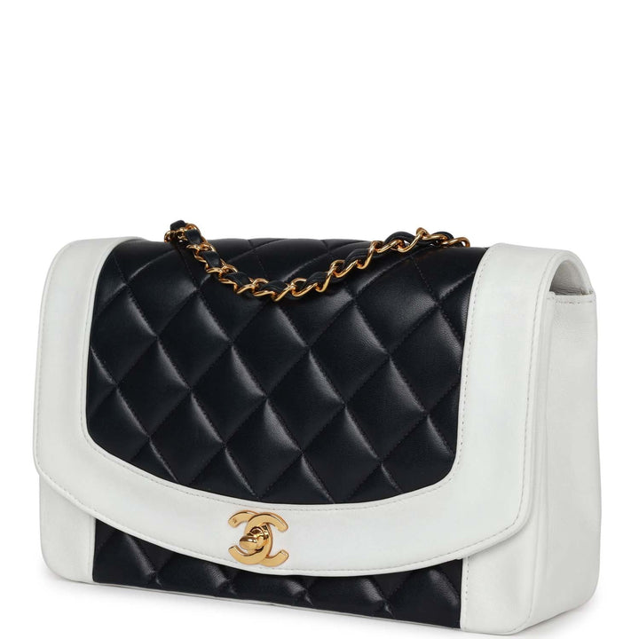 Vintage Top Quality Chanel Small Diana Flap Bag White and Navy Lambskin Gold Hardware