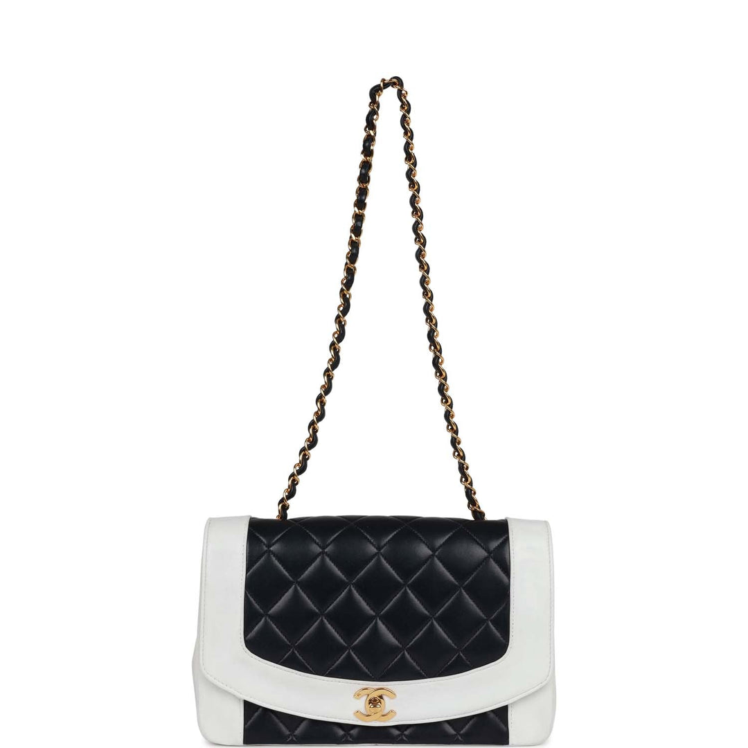 Vintage Top Quality Chanel Small Diana Flap Bag White and Navy Lambskin Gold Hardware