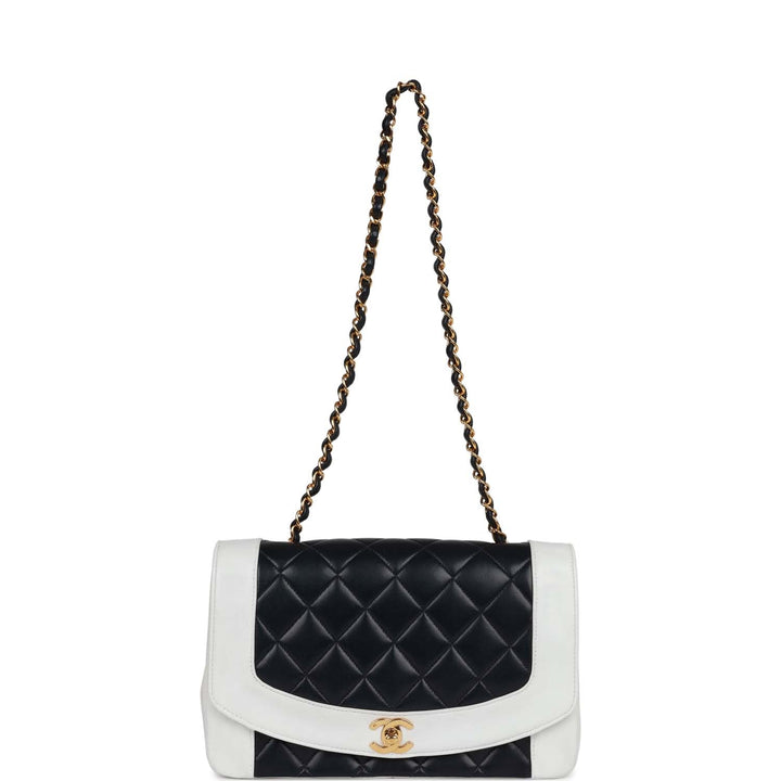 Vintage Top Quality Chanel Small Diana Flap Bag White and Navy Lambskin Gold Hardware