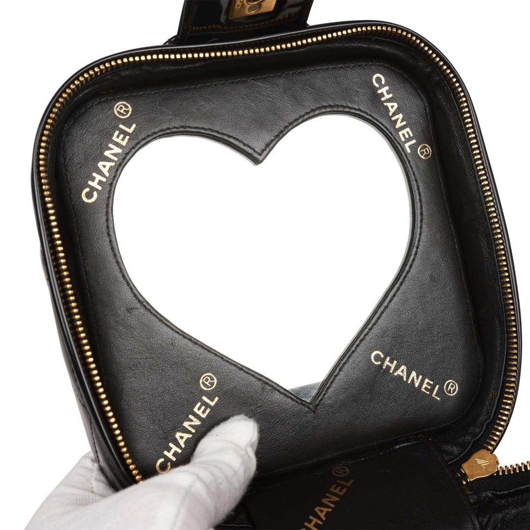 Vintage Top Quality Chanel Vanity Heart Mirror Bag Black Patent Gold Hardware