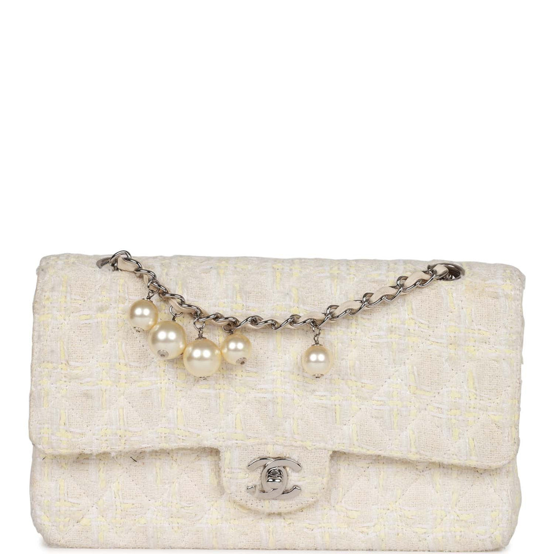 Vintage Top Quality Chanel Medium Double Flap Bag White Tweed Silver Hardware