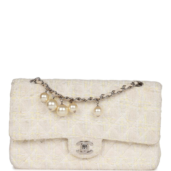Vintage Top Quality Chanel Medium Double Flap Bag White Tweed Silver Hardware