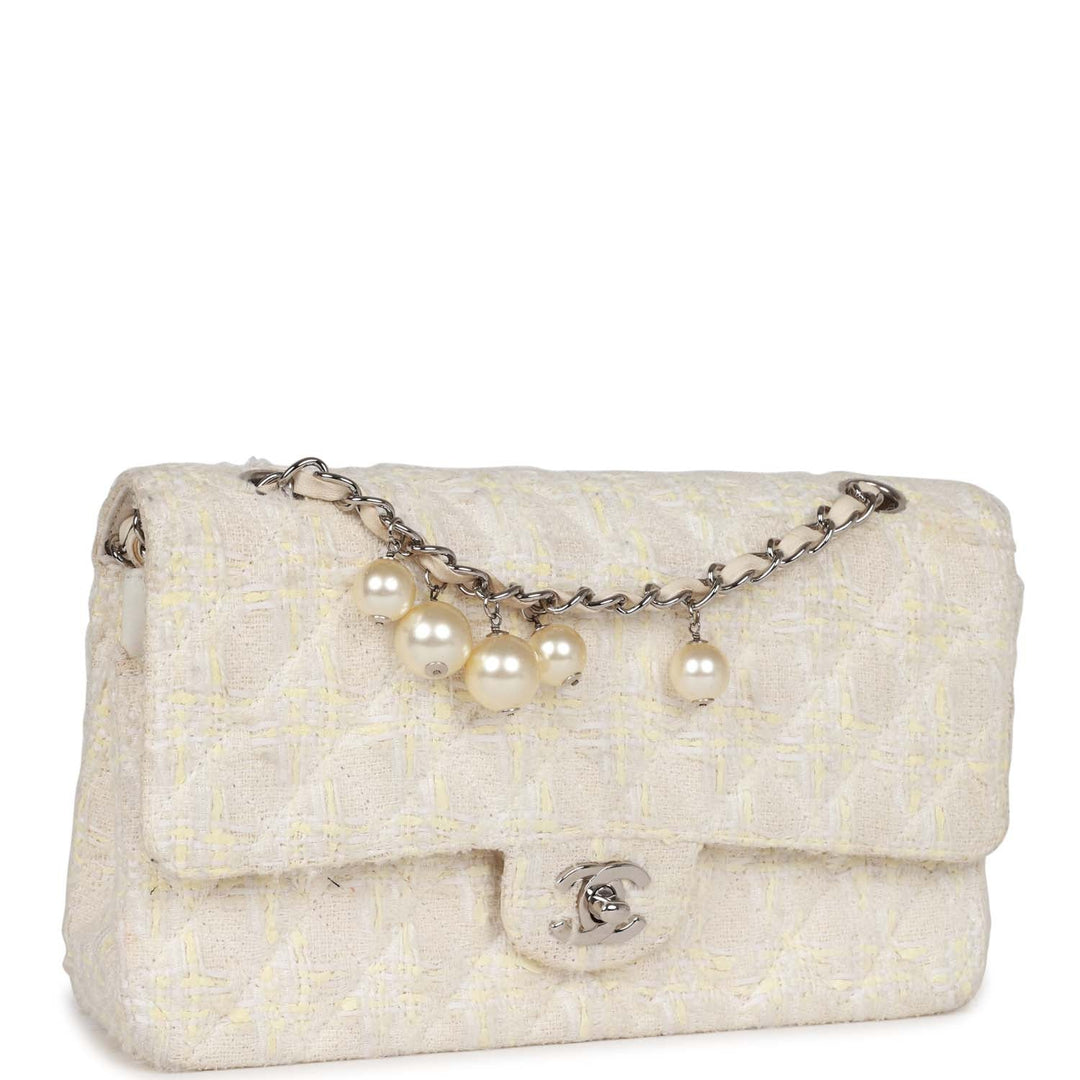 Vintage Top Quality Chanel Medium Double Flap Bag White Tweed Silver Hardware