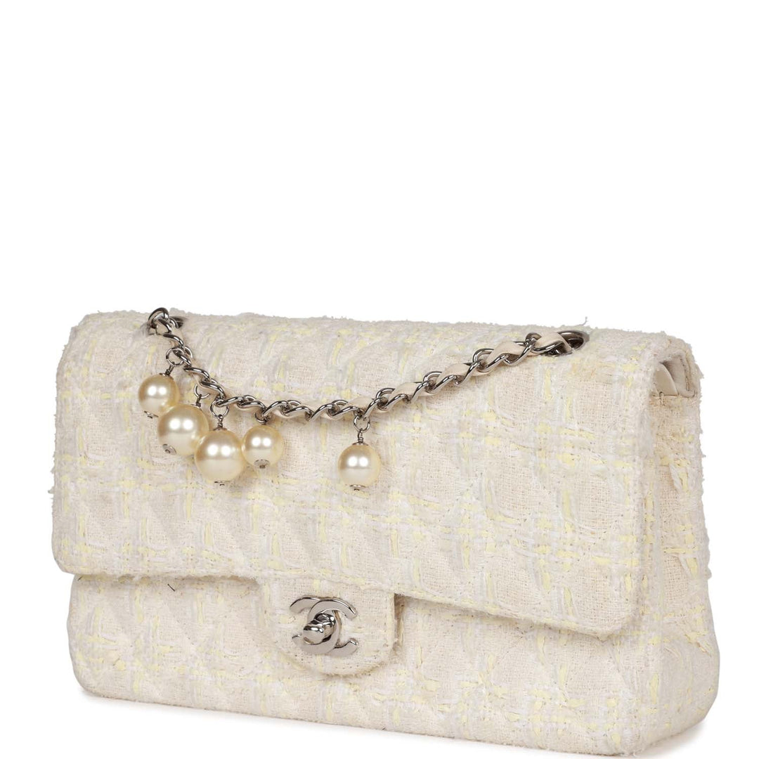 Vintage Top Quality Chanel Medium Double Flap Bag White Tweed Silver Hardware