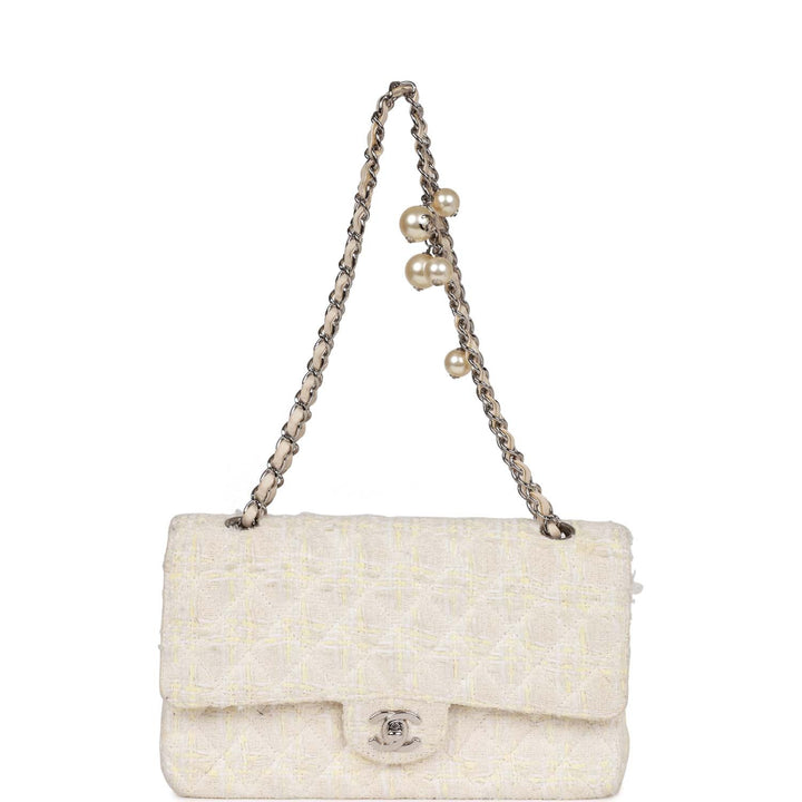 Vintage Top Quality Chanel Medium Double Flap Bag White Tweed Silver Hardware