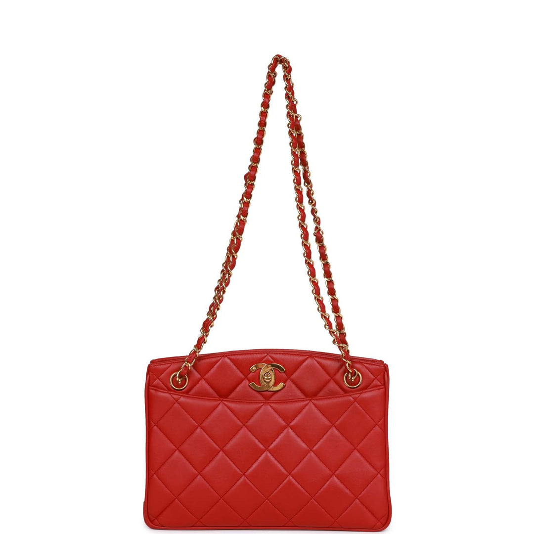 Vintage Top Quality Chanel Mini Chain Tote Bag Red Lambskin Gold Hardware
