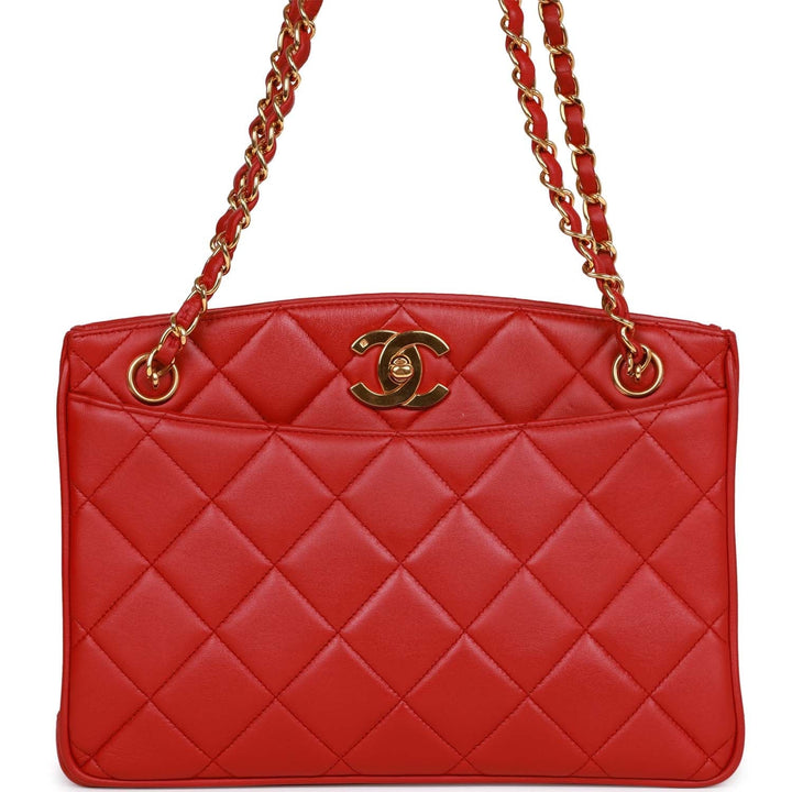 Vintage Top Quality Chanel Mini Chain Tote Bag Red Lambskin Gold Hardware