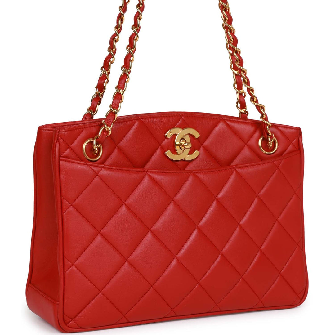 Vintage Top Quality Chanel Mini Chain Tote Bag Red Lambskin Gold Hardware