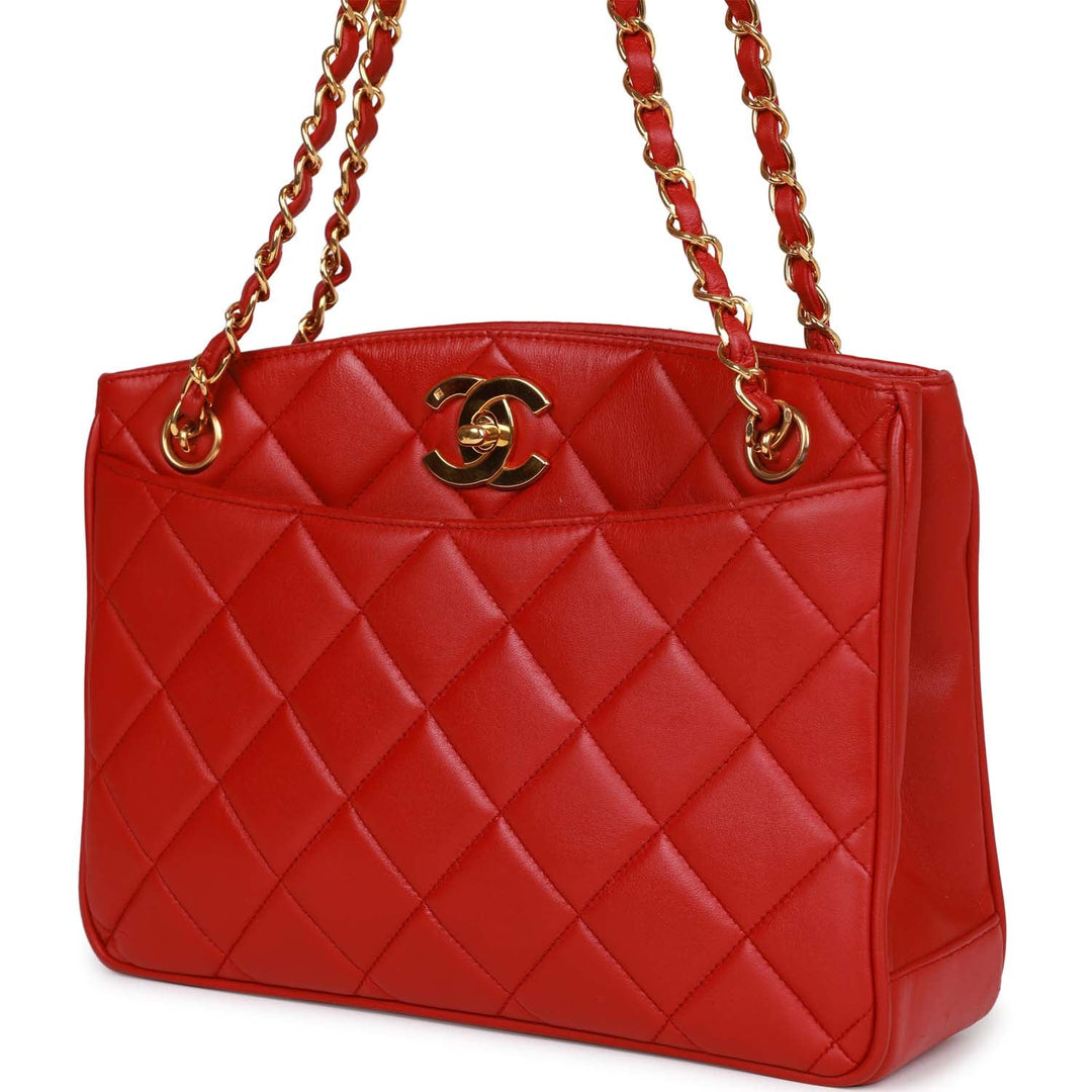 Vintage Top Quality Chanel Mini Chain Tote Bag Red Lambskin Gold Hardware