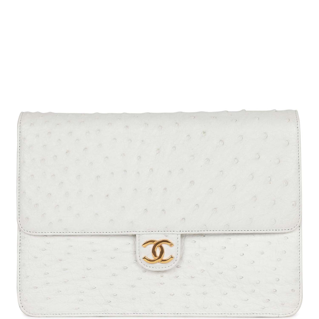 Vintage Top Quality Chanel Single Flap Bag White Ostrich Gold Hardware
