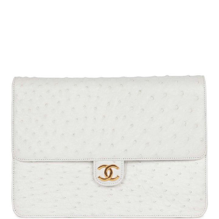 Vintage Top Quality Chanel Single Flap Bag White Ostrich Gold Hardware
