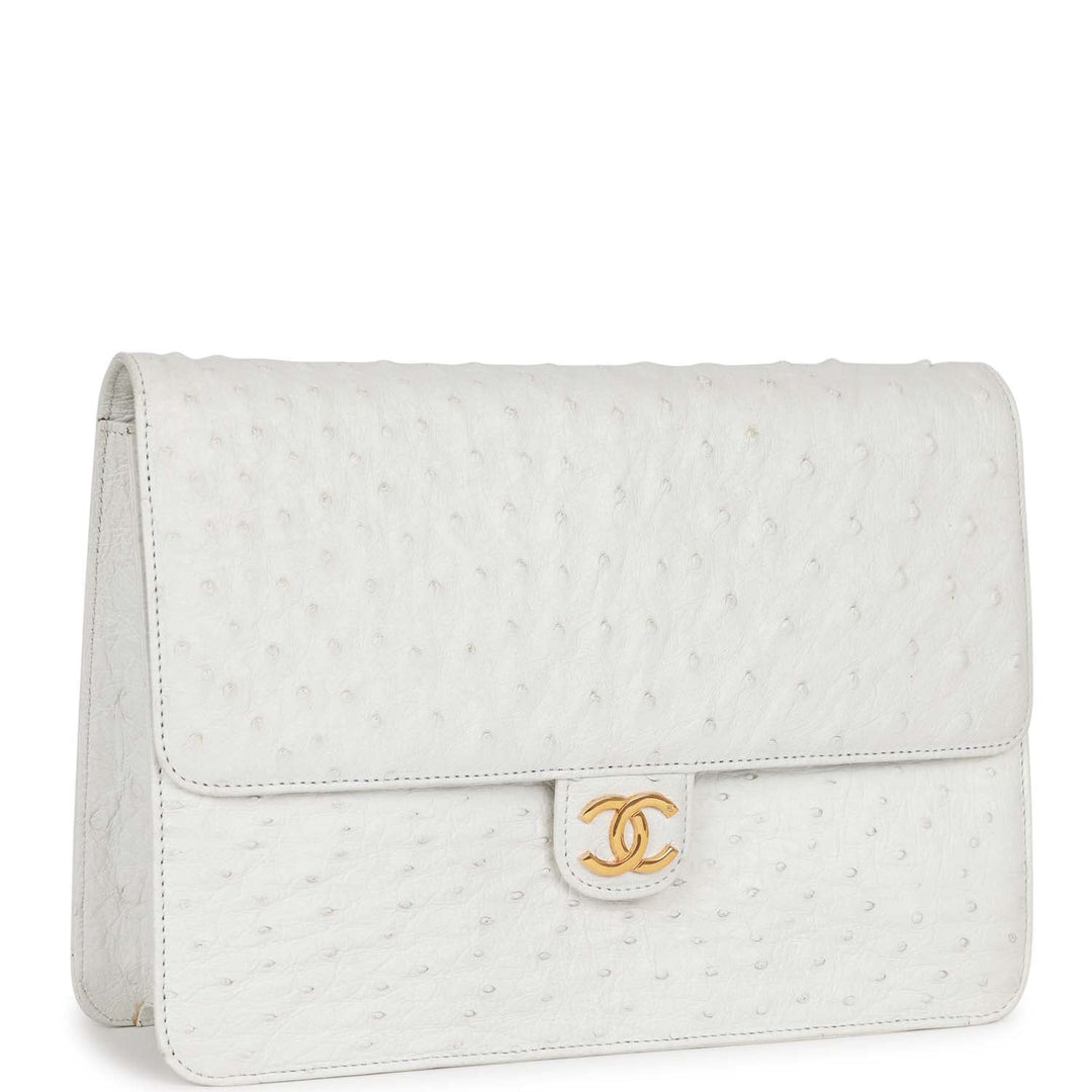 Vintage Top Quality Chanel Single Flap Bag White Ostrich Gold Hardware