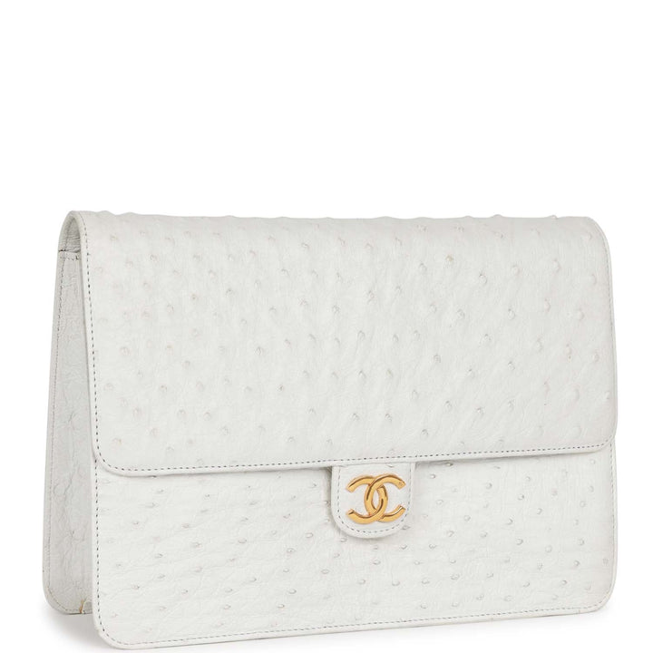 Vintage Top Quality Chanel Single Flap Bag White Ostrich Gold Hardware