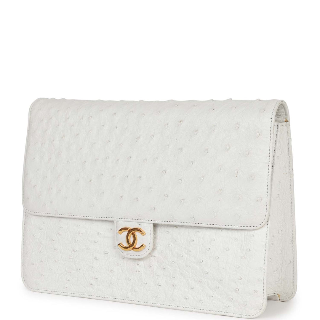 Vintage Top Quality Chanel Single Flap Bag White Ostrich Gold Hardware