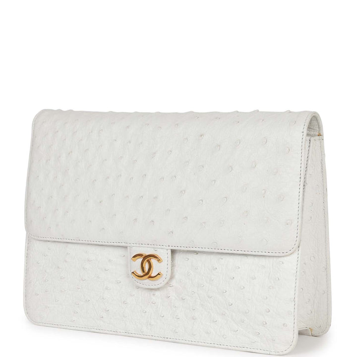 Vintage Top Quality Chanel Single Flap Bag White Ostrich Gold Hardware
