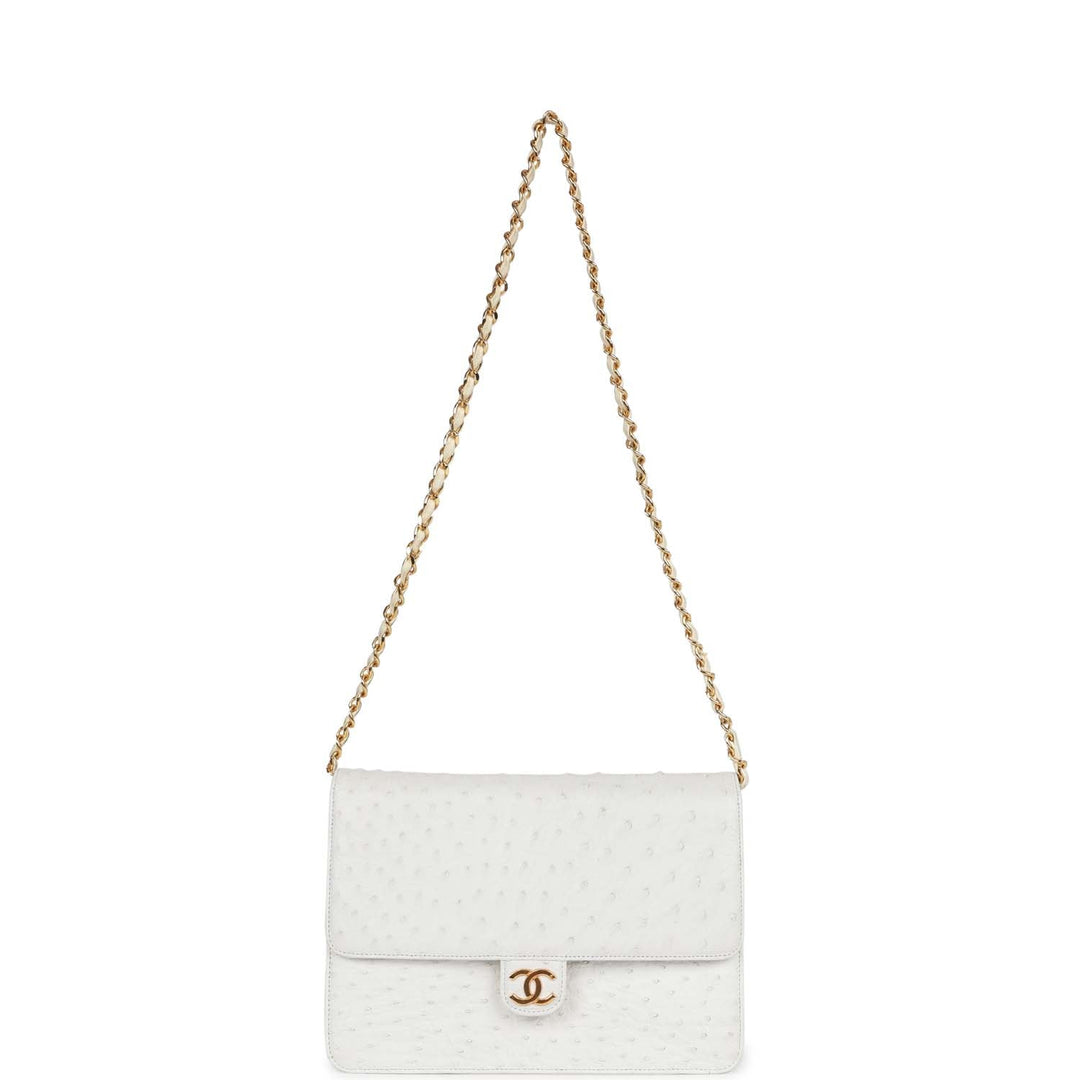 Vintage Top Quality Chanel Single Flap Bag White Ostrich Gold Hardware