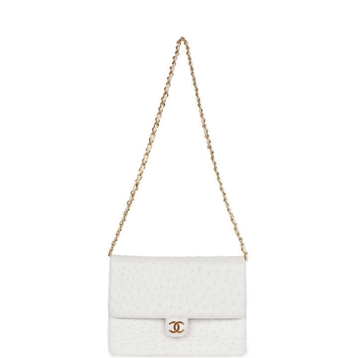 Vintage Top Quality Chanel Single Flap Bag White Ostrich Gold Hardware