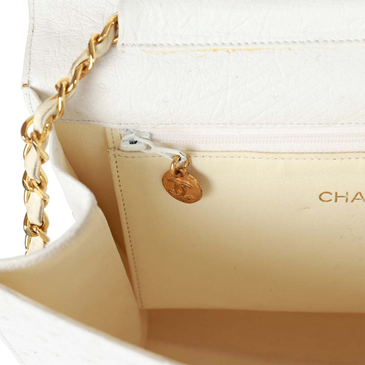 Vintage Top Quality Chanel Single Flap Bag White Ostrich Gold Hardware