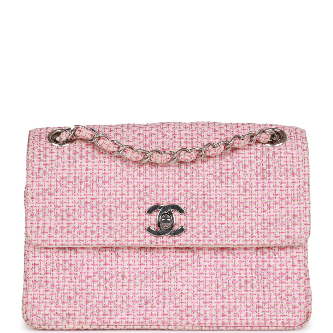 Vintage Top Quality Chanel Classic Mini Flap Bag Pink Tweed Silver Hardware