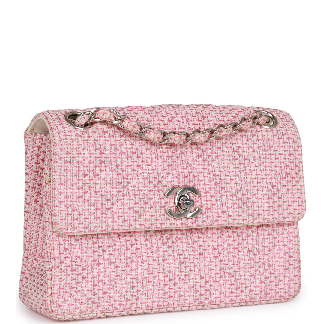 Vintage Top Quality Chanel Classic Mini Flap Bag Pink Tweed Silver Hardware