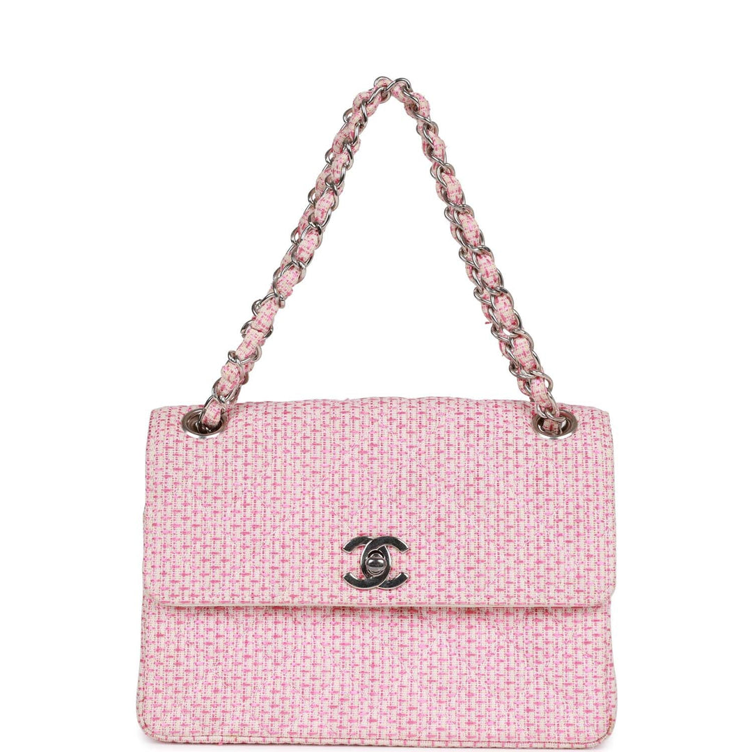 Vintage Top Quality Chanel Classic Mini Flap Bag Pink Tweed Silver Hardware