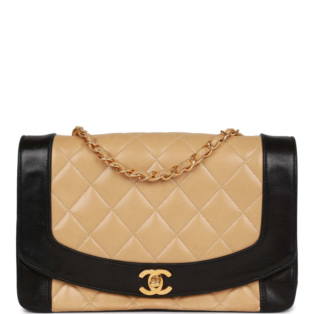 Vintage Top Quality Chanel Medium Diana Flap Bag Black and Beige Lambskin Gold Hardware