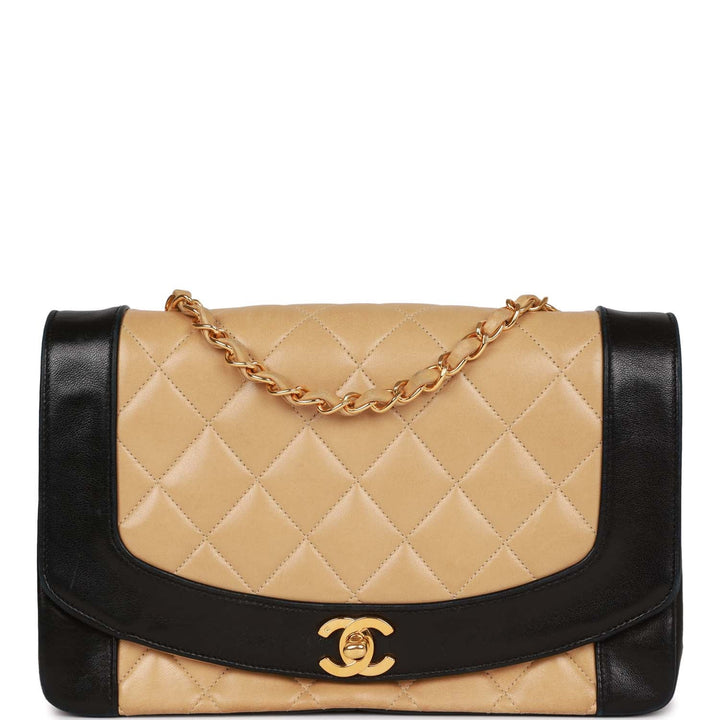 Vintage Top Quality Chanel Medium Diana Flap Bag Black and Beige Lambskin Gold Hardware