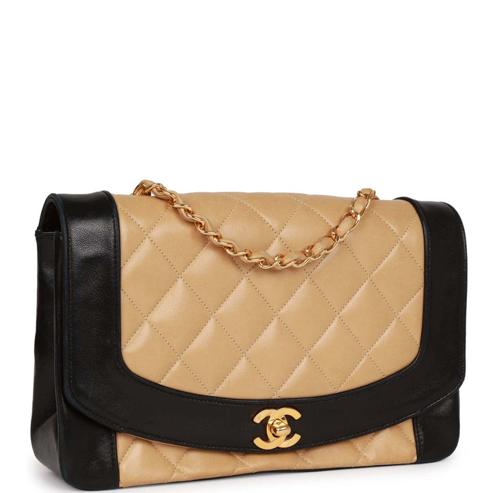 Vintage Top Quality Chanel Medium Diana Flap Bag Black and Beige Lambskin Gold Hardware