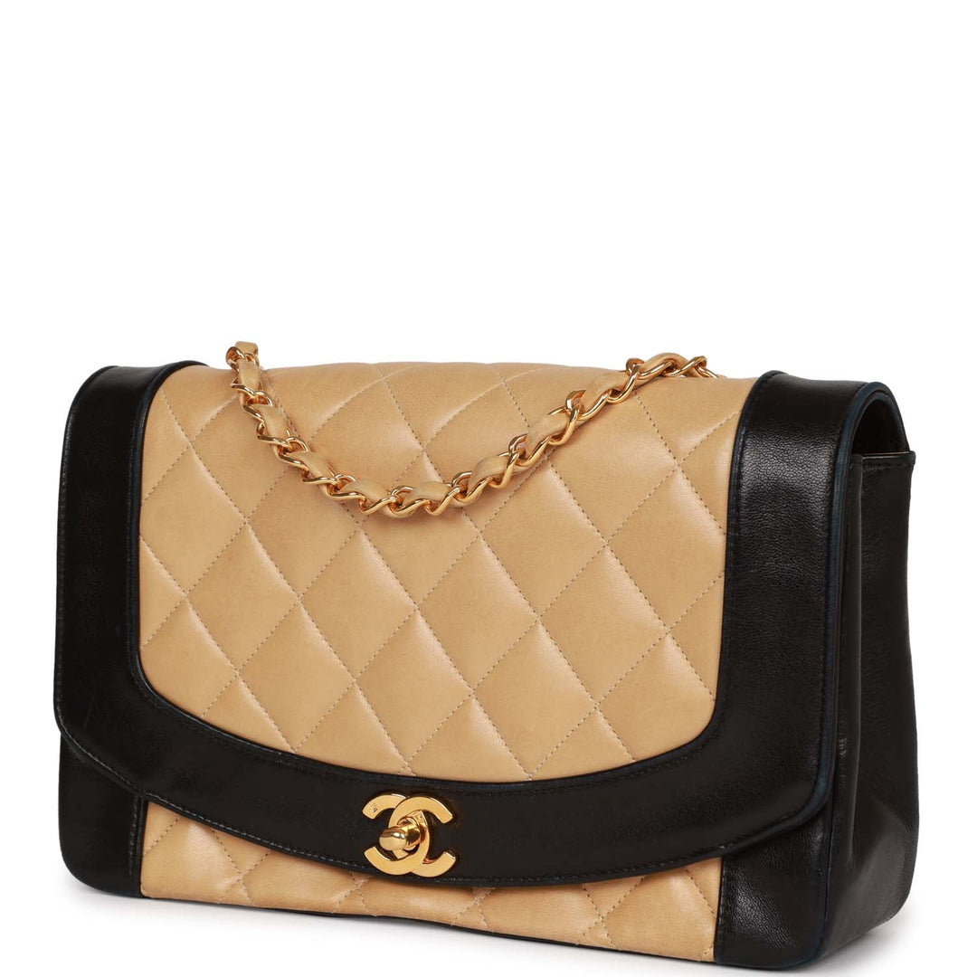 Vintage Top Quality Chanel Medium Diana Flap Bag Black and Beige Lambskin Gold Hardware