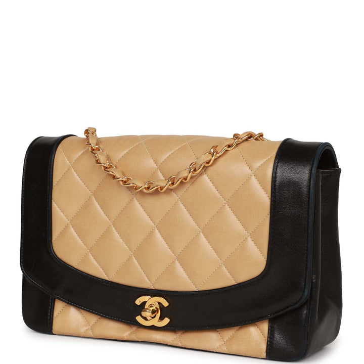 Vintage Top Quality Chanel Medium Diana Flap Bag Black and Beige Lambskin Gold Hardware