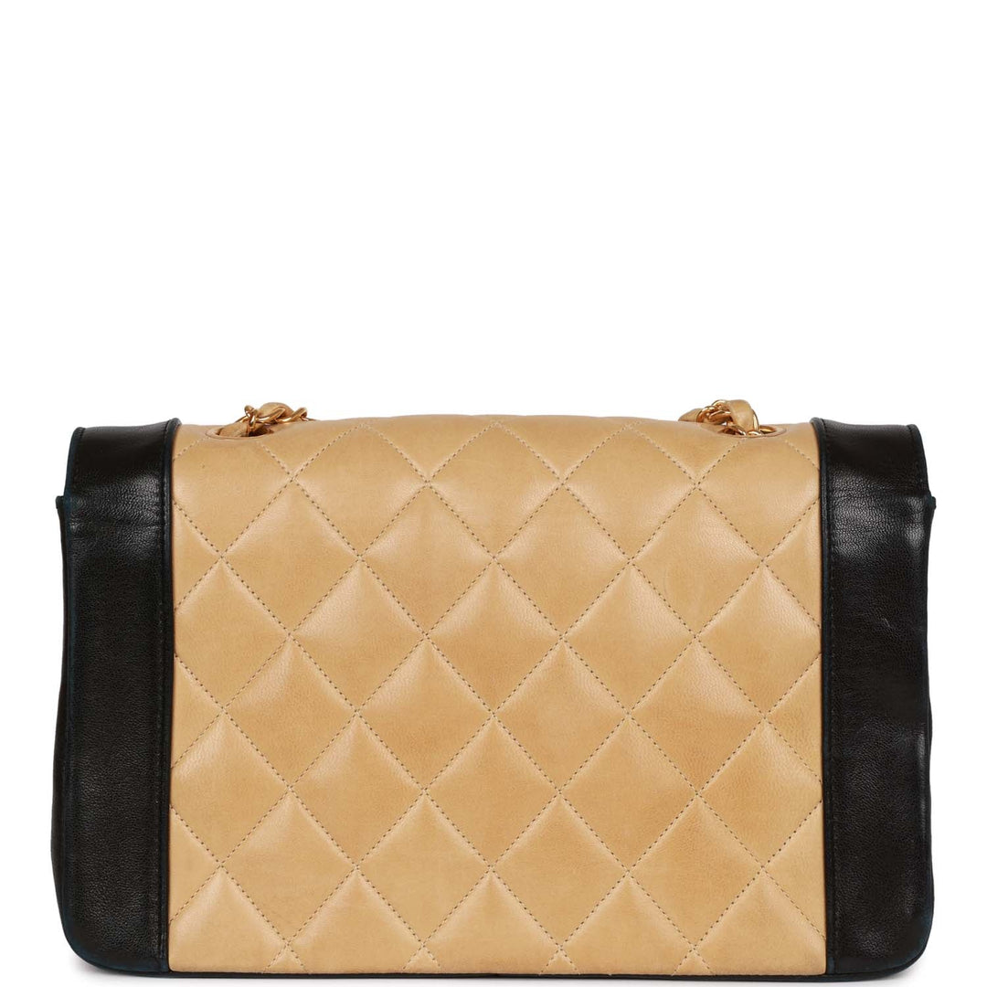 Vintage Top Quality Chanel Medium Diana Flap Bag Black and Beige Lambskin Gold Hardware
