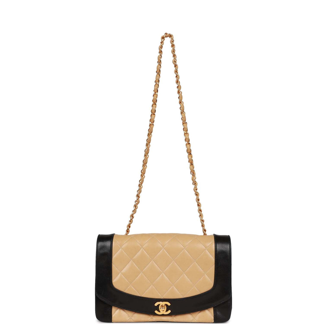 Vintage Top Quality Chanel Medium Diana Flap Bag Black and Beige Lambskin Gold Hardware